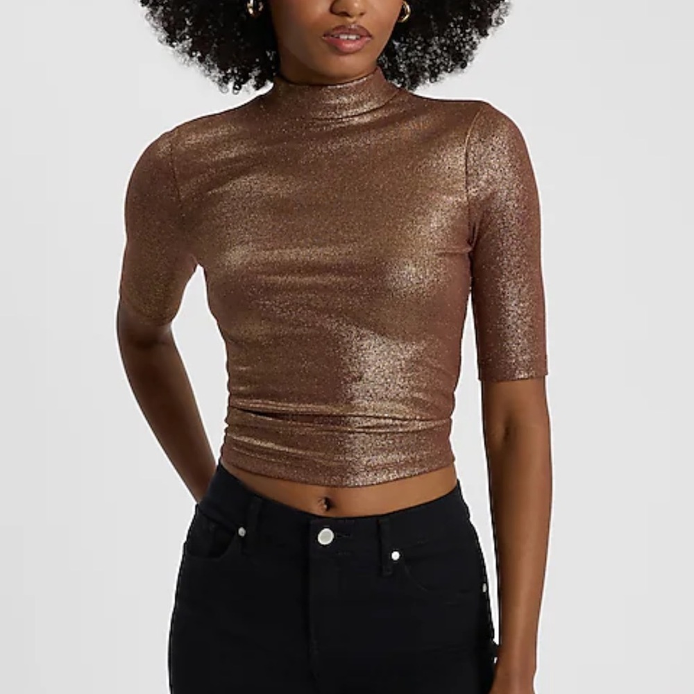 EXPRESS Metallic shine Ribbed Mock Neck Elbow Short Sleeve tee Top - GOLD BROWN
